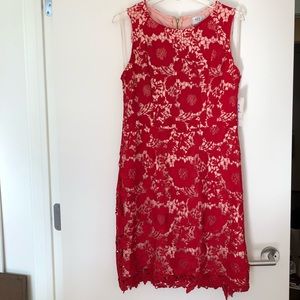 eci red lace overlay sleeveless dress